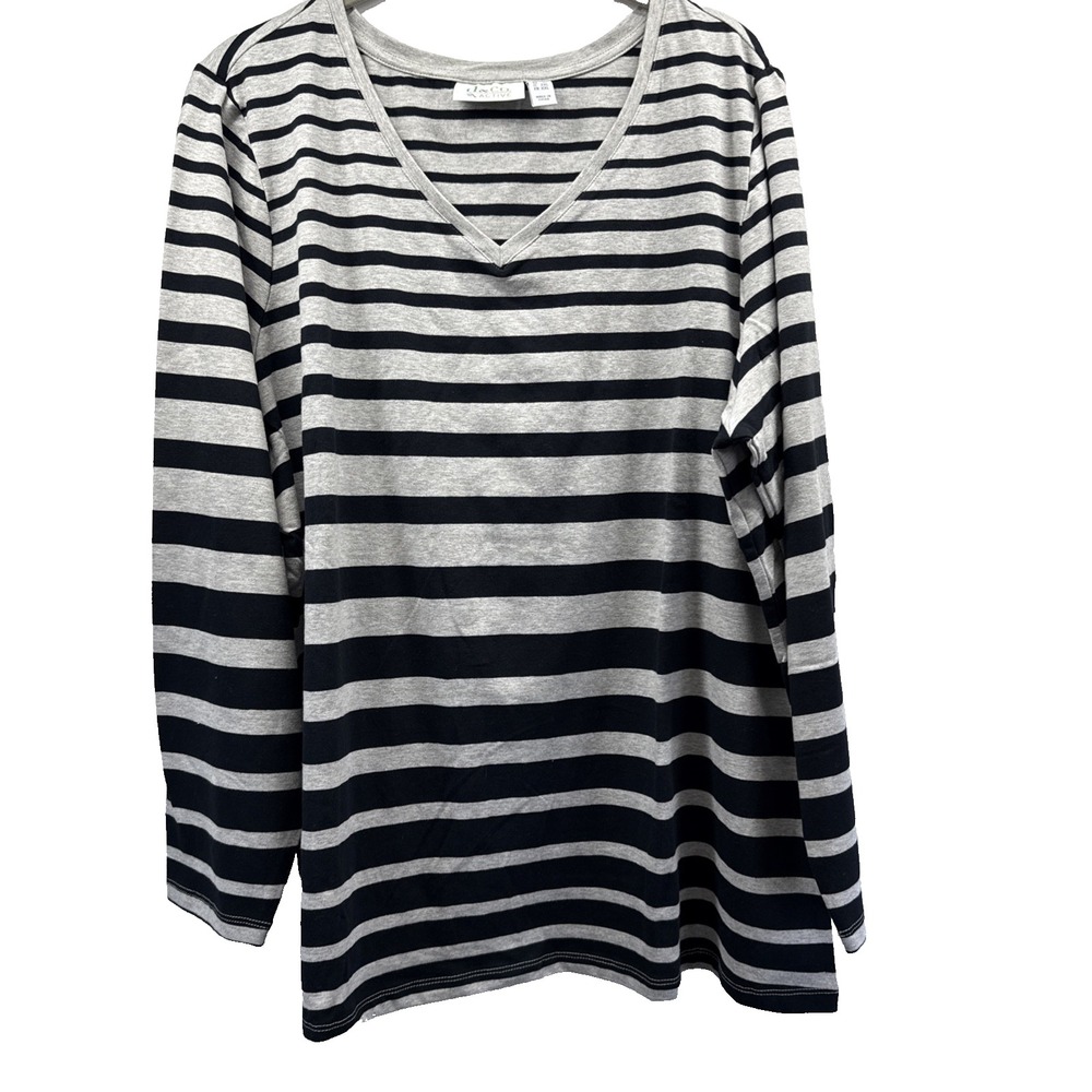 Denim & Co Active Womens Top Size 1X Plus Gray Black Stripe Long Sleeve Pullover